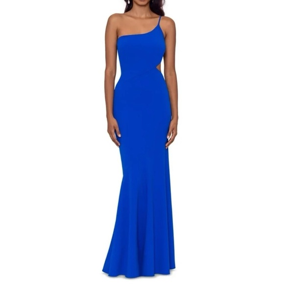 PROM Betsy & Adam Cobalt Blue Cutout Crepe
Sheath Gown - Picture 1 of 8